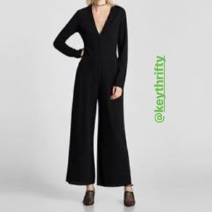 Zara Black V-Neck Backless Wide Leg Jumpsuit